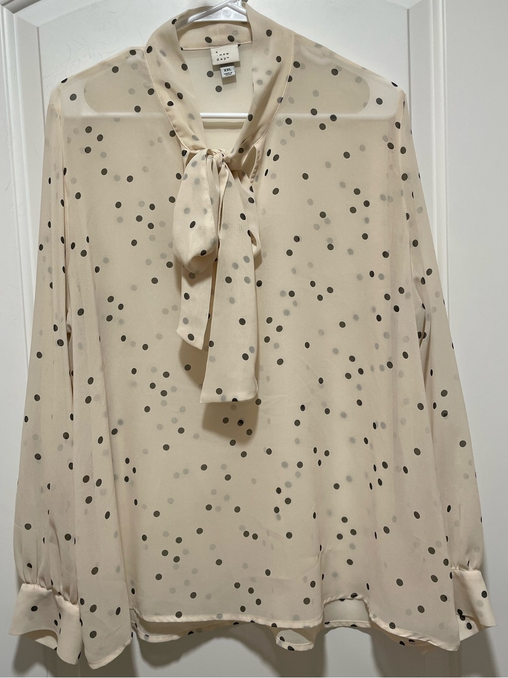 Gorgeous Sheer Layering Piece! Cream & Black Polka Dot Tie-Neck Blouse Sz XXL